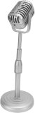 Retro Microphone Props Model, Lightweight Height Adjustable Retro Mic Stable Base and Support Rod Plastic Antique Microphone Prop for Classic Photoshoots (Silver)
