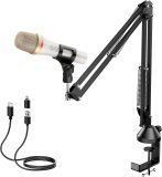 TONOR USB/Type C Dynamic Microphone for PC, RGB Podcast Computer Gaming Mic with Boom Arm for Recording, Live, Streaming, YouTube, Singing, Studio, Karaoke Microfono with Quick Mute White