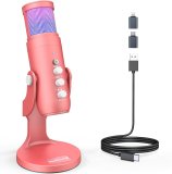 ZealSound USB Gaming Microphone for iPhone PC Type C Phone,Noise Cancellation,K66 RGB Condenser Mic with Controllable Led Lights,Echo,Touch Mute,Monitor,Gain for Podcast,Gaming,Podcasting,ASMR (Pink)