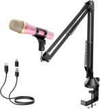 TONOR USB/Type C Dynamic Microphone for PC, RGB Podcast Computer Gaming Mic with Boom Arm for Recording, Live, Streaming, YouTube, Singing, Studio,Karaoke Microfono with Quick Mute Button Pink