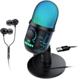 Gaming Microphone, USB Computer Microphone for PC, Mac, PS4/5, Condenser Podcast Mic for Studio Recording, YouTube, Streaming, with Headphone Jack, Led Light, Mute, Gain, Noise Cancellation