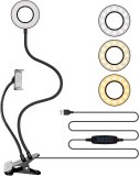 Clip Mount Ring Light and Phone Holder Desk Mount, 3 Light Modes Round Dimmable LED Light for Livestream Gaming Makeup Video Tutorials Self Record Photo Taking TikTok Dance for All Phones