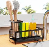 Sponge Holder for Kitchen Sink with Auto Draining Tray,Kitchen Sink Caddy Organizer with Brush Holder, Rustproof 304 Stainless Steel Dish Organizer Divider, Soap Dispenser Storage