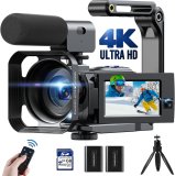 Video Camera Camcorder, 4K 56MP Dual Lens WiFi 3” 270° Rotatable 16X Digital Zoom Touch Screen Vlogging Camera YouTube Podcast Camera Recorder with 64GB SD Card, Microphone, Remote Control, Tripod