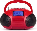 August SE20 – Mini Bluetooth MP3 Stereo – Portable Radio with Powerful Bluetooth Speakers – FM Alarm Clock Radio with SD Card Reader, USB and AUX in – Red